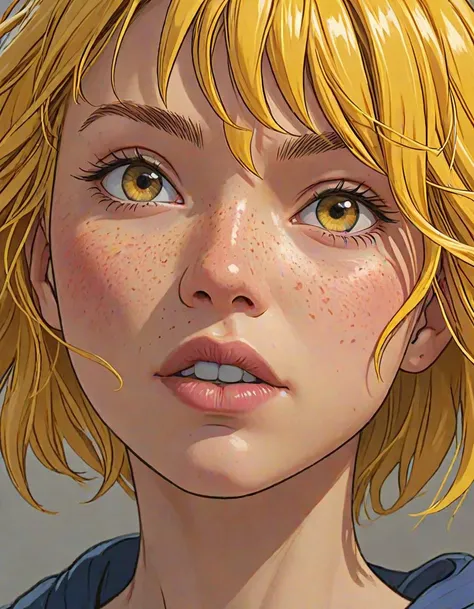 anime visual key, 1girl, close up, yellow hair, pimply, yellow, comic style by Jim Lee, clean, high quality, 8k