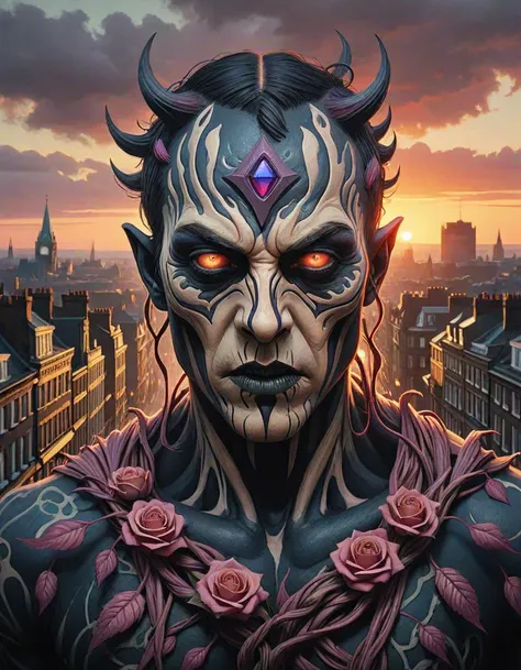 Photograph, landscape of a Oppressive Newcastle, at Sunrise, dark art, (detailed art by Marco Mazzoni:1.1) , Canon EF, 80mm, hearthstone artwork, behance