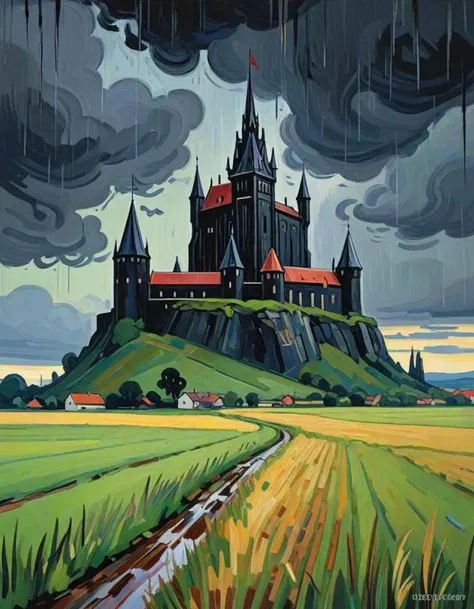 landscape of The Black Fortress of Sauron, field, Raining, impressionism art, (stylized by Edvard Munch:1.3) , side lit