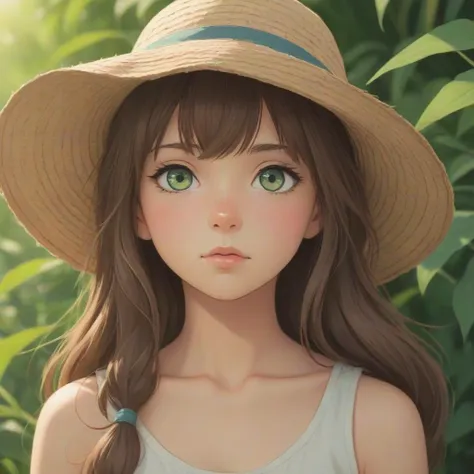 brown hair, 1girl, sun hat, green eyes, anime