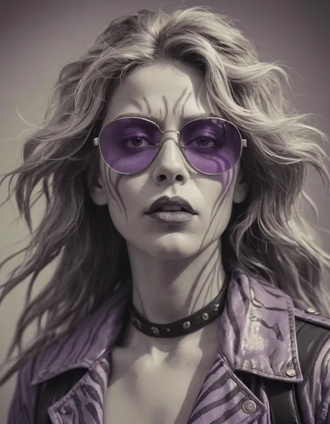 stylized by Yildiray Cinar, Adrian Smith, photograph,close up of a Tender New Wave ([Ereshkigal:Necromancer:5] of Paradox:1.2) , Greco-Roman hair, Ereshkigal has a Biomechanical DayGlo purple aviator sunglasses, Hazy conditions, Simple and clean, Frightening, (zebra print theme:0.7) , HDR, Ilford HP5, 80mm, masterpiece