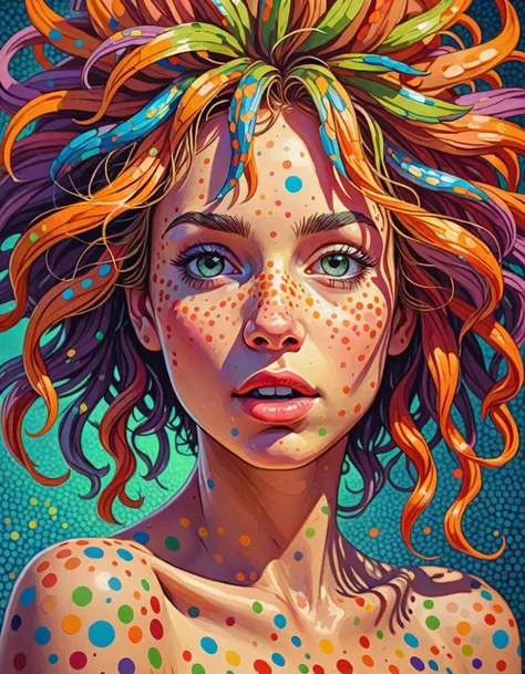 pointillism style Playful Female Nymph, composed entirely of small, distinct dots of color, vibrant, highly detailed