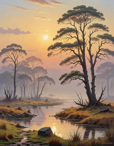 landscape of a Tamriel, Foggy conditions, (nature art by Archibald Thorburn:1.0) , Richard Friese