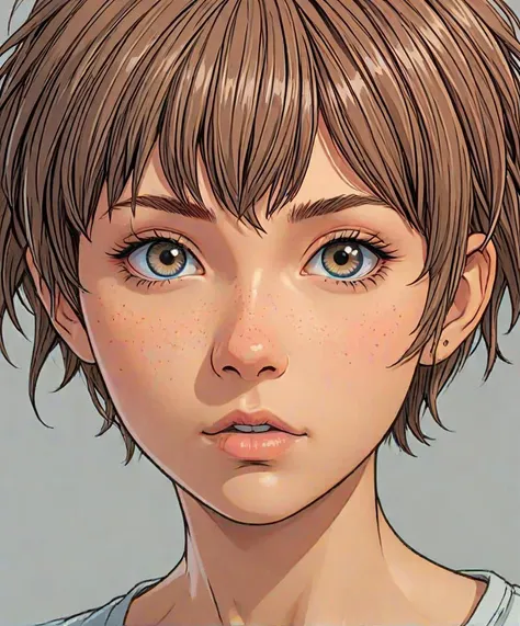 anime visual key, 1girl, cute, pixie hair, symmetrical, close up, anime style by Takeshi Obata, clean, high quality, 8k