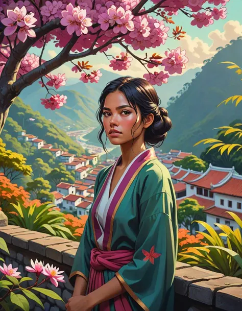 character art by Artgerm, insane details, landscape of a Peaceful Ciudad Perdida, Uninspired blossoms, Fall, moody lighting, Hypersaturated