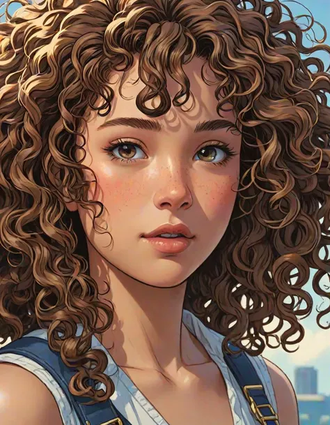 anime visual key, 1girl, close up, curly hair, comic style by Jim Lee, clean, high quality, 8k