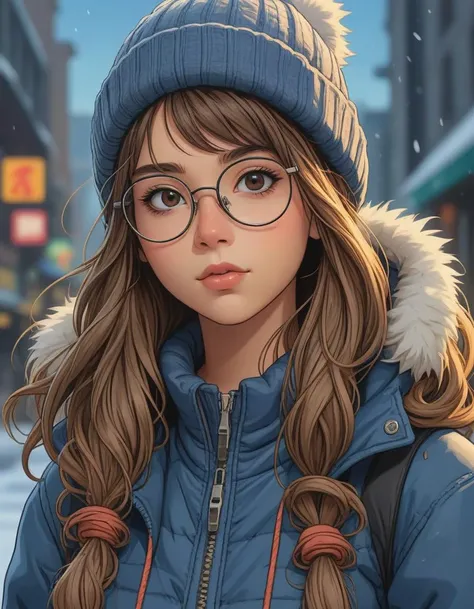 anime visual key, 1girl, glasses, beanie, puffer jacket, long hair, comic style by Jim Lee, clean, high quality, 8k