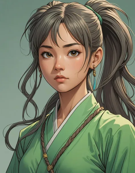 anime visual key, 1girl, light green chinese monk costume, long hair, a bang, one long pony, close up, comic style by Jim Lee, clean, high quality, 8k