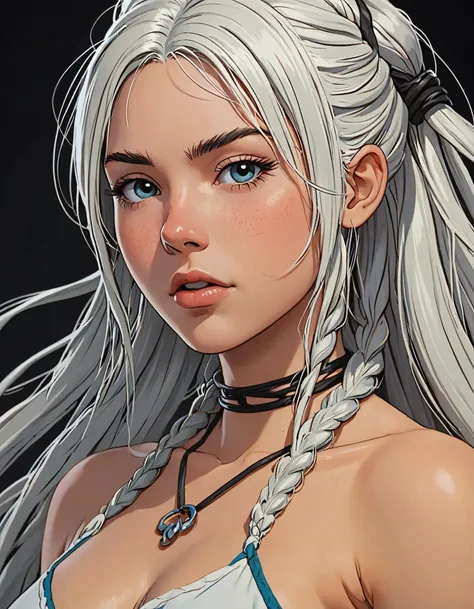 anime visual key, 1girl, white hair, long braided hair, erotic, close up, clean, comic style by John Buscema, best quality, UHD, masterpiece, 8k