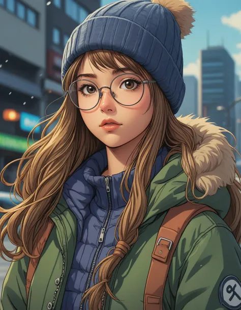 anime visual key, 1girl, glasses, beanie, puffer jacket, long hair, comic style by Jim Lee, clean, high quality, 8k