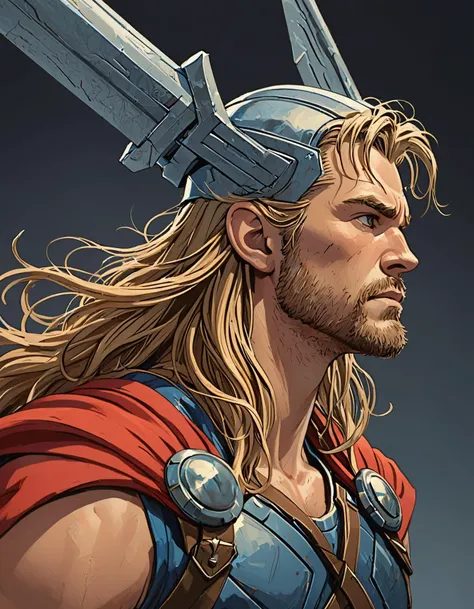 anime visual key, Thor, side_view, looking to the left, comic style by John Buscema, clean, best quality, UHD, masterpiece, 8k