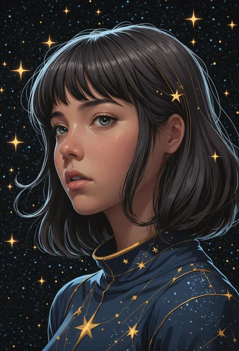 thick lines, flat shading, 1girl, adult woman, bangs, portrait, solo, from side, side view, (full body:0.6), looking at viewer, detailed background, detailed face, (dark fantasy theme:1.1) (glowing eyes:1.05), embodied star constellation, zodiac, horoscope, calm composure, occult, gemini, esoteric geometric symbolism, celestial energy, stars, shine, symmetry, stardust, backlighting, cosmic space background, esoteric atmosphere,