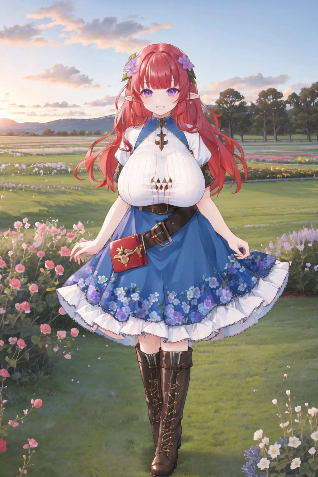 <lora:flofield:0.6>, flower field, <lora:3lyv4:0.6>, pointy ears, grin, red hair, huge breasts, blue dress, belt, sunset, full body, purple eyes, boots, puffy short sleeves,