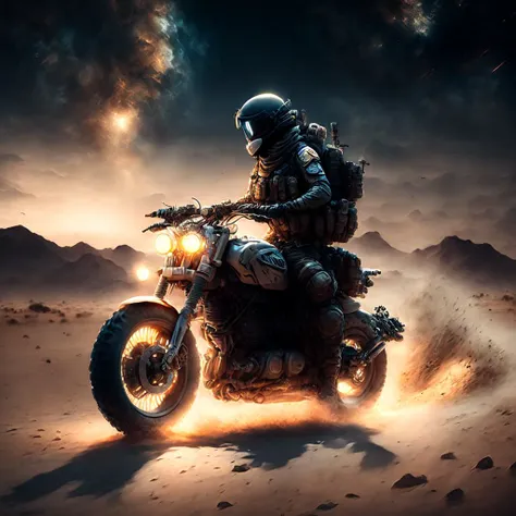 anime, a soldier on a motorcycle in the desert at night (armybiker style:1) <lora:djzArmyBiker:0.8>