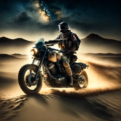 photo, a soldier on a motorcycle in the desert at night (armybiker style:1) <lora:djzArmyBiker:0.8>