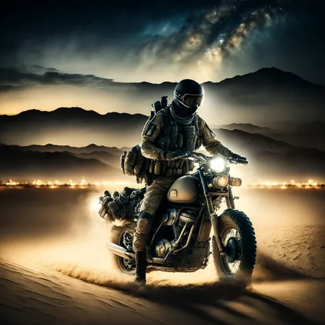 photo, a soldier on a motorcycle in the desert at night (armybiker style:1) <lora:djzArmyBiker:0.8>