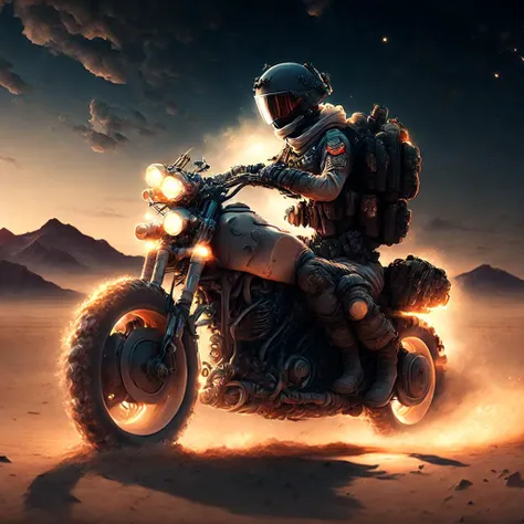 anime, a soldier on a motorcycle in the desert at night (armybiker style:1) <lora:djzArmyBiker:0.8>
