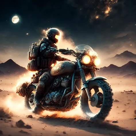anime, a soldier on a motorcycle in the desert at night (armybiker style:1) <lora:djzArmyBiker:0.8>