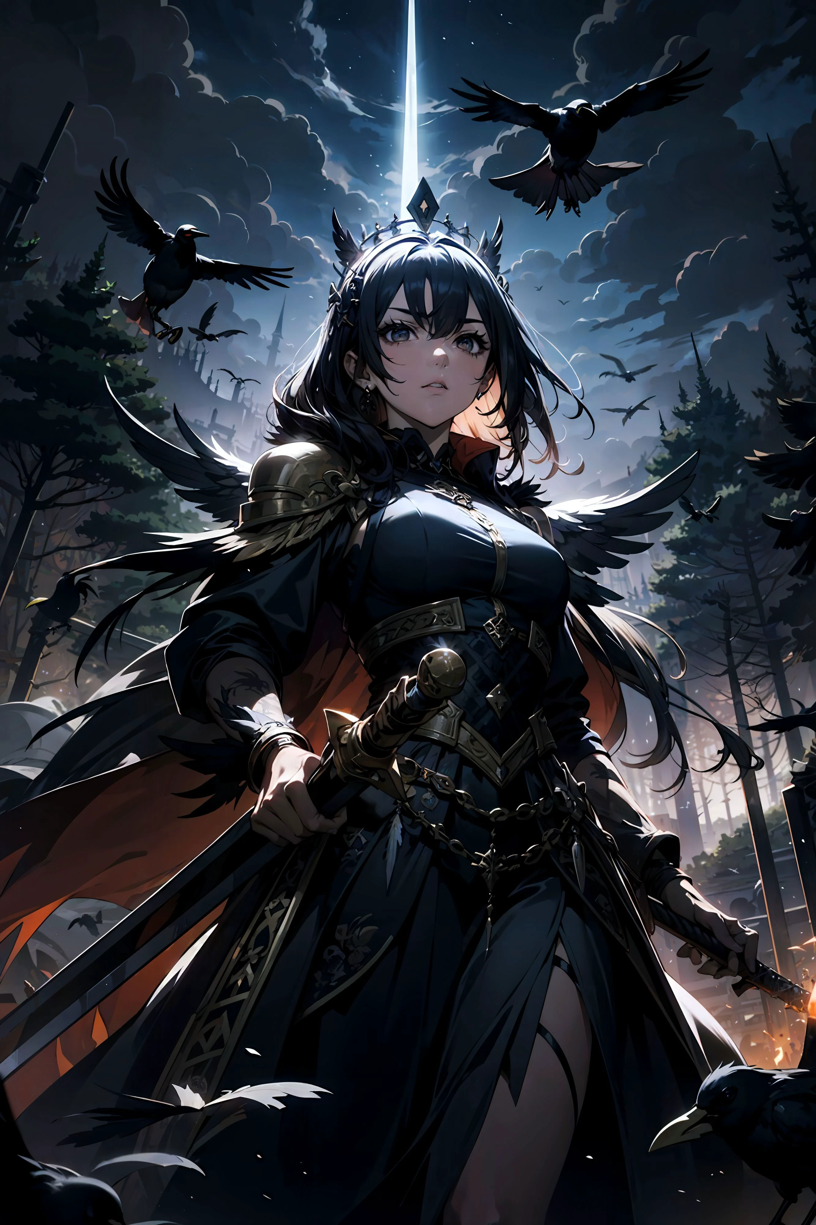 sfw, 1girl, (mature female:1.2), black hair, dark eyes, cruel expression, black dress, long flowing dress, celtic dress, black feather trim, feather shoulder pads, (crows:1.3), holding sword, bone crown
outdoors, (horror:1.1), dark forest, irish forest, wilderness, night, dark sky, black sky, dark clouds, (high contrast:1.1), from below,
goddess of war, goddess of death, skull
<lora:detail_slider_v4:2.0>
