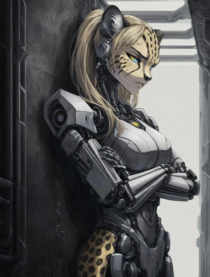robot (Cheetah:1.5), Feline, Female, (Anthro:1.2), (((Single, Solo,))) (Blond Long Hair:0.5) (Leaning back on wall:1.5, intimidating:1.15, standing:1.1, crossed arms:1.25), Bipedal, (looking at viewer:1.3, side view), detailed paw pads,
BREAK
1tail, mechanical parts, robot joints, super_robot_joints, super robot joints, cyborg, (Cybernetic Face:1.5), (Detailed Face:1.5) glowing eyes,(black gold, trimmed gear:1.2), (In a futuristic weapons factory:1.2), <lyco:Mecharobot:0.8>
BREAK
by Joseph Cross, by Andrée Wallin, by James Clyne, by LUCIUS FELIMUS, by vader-san, by rakisha, by rollwulf
BREAK
detailed, realistic, sharp details, spaceship, inside spaceship hallway, cramped spaceship hallway, smooth, nightlight city lighting, RAW photo, photorealistic, (masterpiece:1.3), (best quality:1.4), (ultra highres:1.2), HDR, 8k resolution, detailed shading, (best quality:1.2) (4k:1.) (very high resolution:1.1) , (realistic photograph:1.1) , (ultra detailed CG:1.1), perfect lighting, dynamic lighting, ultradetailed, (good anatomy) , <lyco:Robotaction:0.5> , <lora:add_detail:0.5>, <lora:Neonpunkai-8:1>,
