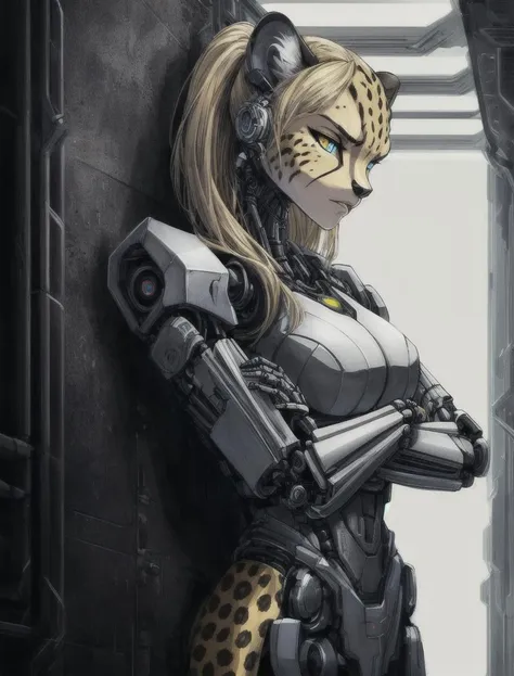 robot (Cheetah:1.5), Feline, Female, (Anthro:1.2), (((Single, Solo,))) (Blond Long Hair:0.5) (Leaning back on wall:1.5, intimidating:1.15, standing:1.1, crossed arms:1.25), Bipedal, (looking at viewer:1.3, side view), detailed paw pads,
BREAK
1tail, mechanical parts, robot joints, super_robot_joints, super robot joints, cyborg, (Cybernetic Face:1.5), (Detailed Face:1.5) glowing eyes,(black gold, trimmed gear:1.2), (In a futuristic weapons factory:1.2), <lyco:Mecharobot:0.8>
BREAK
by Joseph Cross, by Andrée Wallin, by James Clyne, by LUCIUS FELIMUS, by vader-san, by rakisha, by rollwulf
BREAK
detailed, realistic, sharp details, spaceship, inside spaceship hallway, cramped spaceship hallway, smooth, nightlight city lighting, RAW photo, photorealistic, (masterpiece:1.3), (best quality:1.4), (ultra highres:1.2), HDR, 8k resolution, detailed shading, (best quality:1.2) (4k:1.) (very high resolution:1.1) , (realistic photograph:1.1) , (ultra detailed CG:1.1), perfect lighting, dynamic lighting, ultradetailed, (good anatomy) ,  <lyco:Robotaction:0.5> ,  <lora:add_detail:0.5>, <lora:Neonpunkai-8:1>,