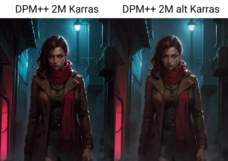 cowboy shot of cyborg detective lady, torn brown coat, red scarf, dark atmosphere, night, neon