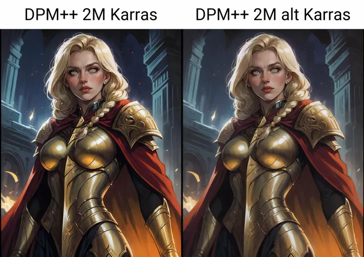 beautiful paladin lady in ornate golden armor with straps, blonde hair, braid, red cape, yellow aura, glowing eyes, ruins, night, particles, dark power fantasy, dnd style, by Clyde Caldwell, retro artstyle, (contrast:0.69), noise, film grain