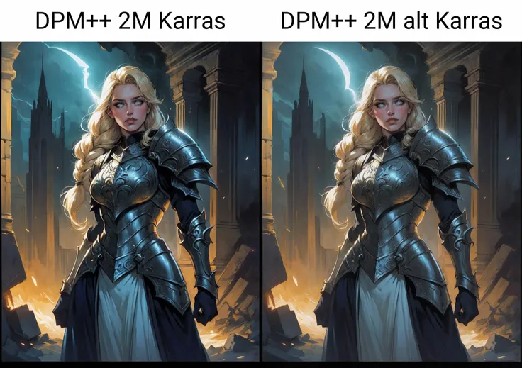 beautiful paladin lady in ornate armor with straps, blonde hair, braid, yello aura, glowing eyes, ruins, night, particles, dark power fantasy, dnd style, by Clyde Caldwell, retro artstyle, (contrast:0.69), noise, film grain