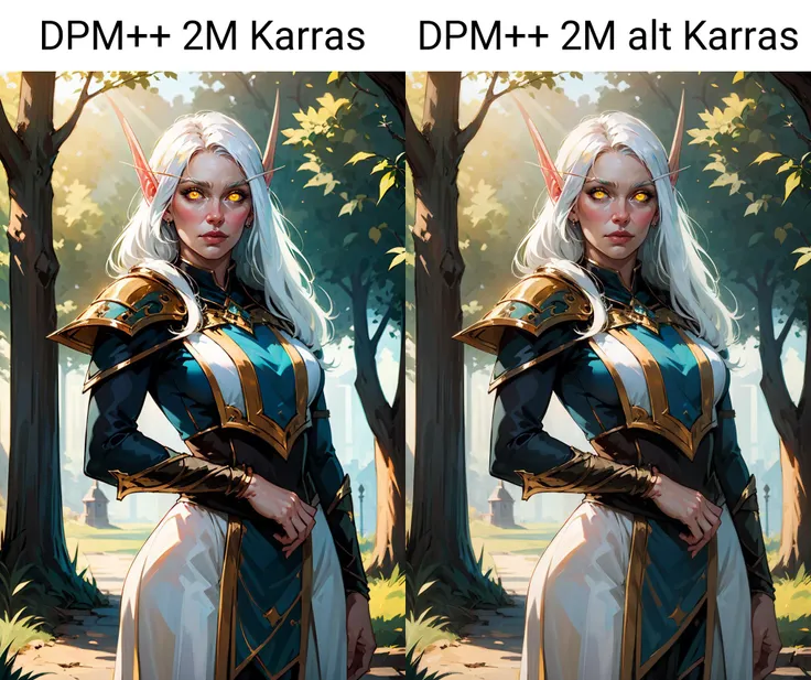 cowboy shot of beautiful cleric shebelf lady, white tabard, glowing yellow eyes, white hair, fantasy town park, tree, sunlight <lora:sxz-blood-elves-50:0.6>