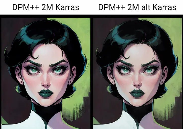 portrait of beautiful lady, short black hair, green eyes, agressive makeup, simple background, (by Bruce Timm, btas, flat colors, retro artstyle, noise, film grain, contrast, cartoon style)