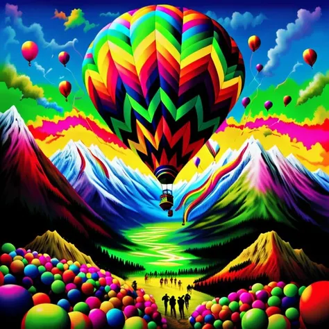 multiple girls, sky, cloud, mountain, multiple boys, outdoors, balloon, scenery, rainbow, 6+boys<lora:Hotballon:0.8>