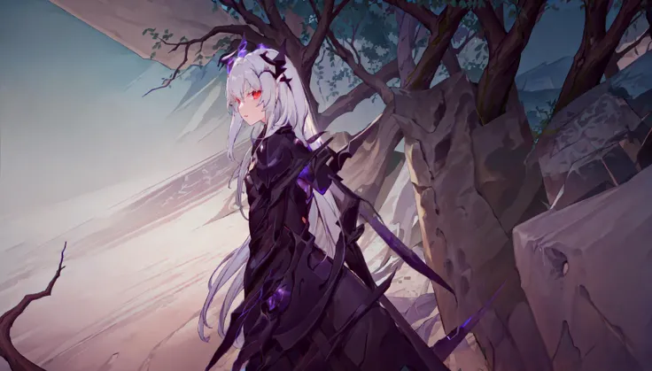(looking at viewer:1.4), beautiful eye, Dim lighting, frightful, bare tree, tree, (sexy:1.1), branch, forest, teeth, plant, monster, nature, sharp teeth, glowing, solo, no humans, checkered, skull, horror \(theme\), outdoors, skeleton, glowing eyes, palm tree, leaf, feathers, animal, vines, fangs, sky, rubilia, red eyes, bangs, armor, purple sparks, <lora:rubiliaTowerOfFantasy_v10:.9>