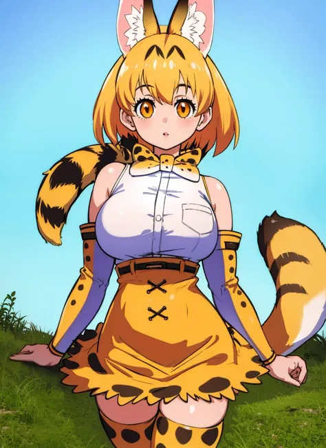 beautiful, masterpiece, best quality, realistic photo 1girl, serval,  blonde hair,  cat ears, cat tail, high-waist skirt, highres, kemono friends, large breasts, looking at viewer, orange eyes, thighhighs  <lora:my_ServalKemonoFriends_v1:0.6>