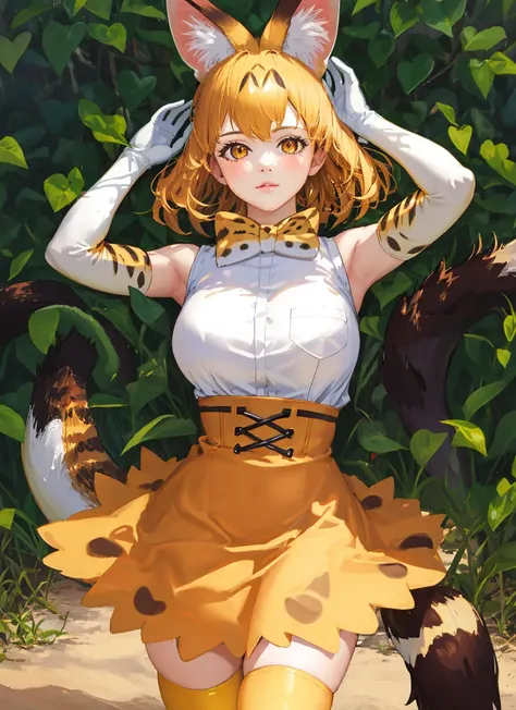 beautiful, masterpiece, best quality, realistic photo 1girl, serval, blonde hair, cat ears, cat tail, high-waist skirt, highres, kemono friends, large breasts, looking at viewer, orange eyes, tail, thighhighs, w arms, white gloves, white shirt, yellow skirt, yellow thighhighs <lora:my_ServalKemonoFriends_v1:0.6>