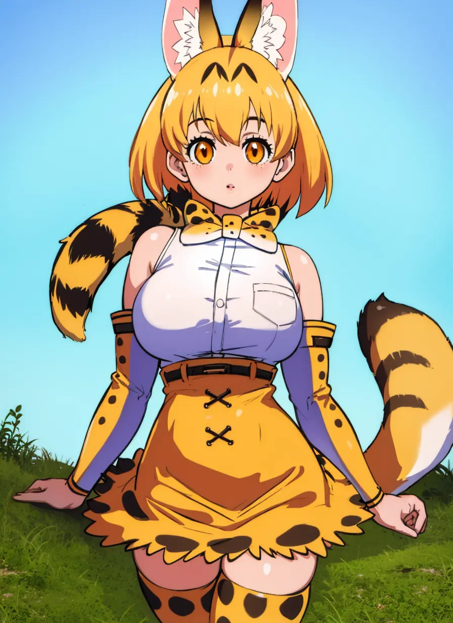 beautiful, masterpiece, best quality, realistic photo 1girl, serval, blonde hair, cat ears, cat tail, high-waist skirt, highres, kemono friends, large breasts, looking at viewer, orange eyes, thighhighs <lora:my_ServalKemonoFriends_v1:0.6>
