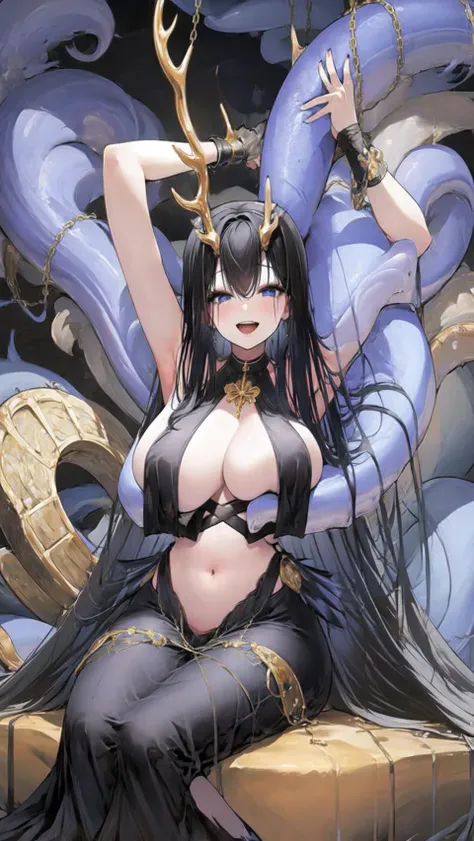 best quality, masterpiece, 1girl, pillarboxed, long hair, breasts, solo, navel, shackles, black hair, black dress, jewelry, black border, very long hair, cuffs, open mouth, dress, chained, cleavage, large breasts, smile, arms up, crossed legs, hip vent, broken, sitting, center opening, tentacles, hair ornament, bare shoulders, <lora:GoldenHindV1.0:0.8>, goldenhind,