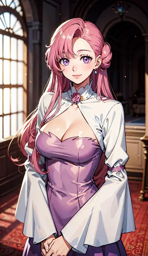 realistic,official art,masterpiece,8K, best quality,best quality,depth of field,bokeh,((upper body shot)),(straight on:1.3),
1girl,Slender body,medium breasts,
(euphemia_li_britannia:1.3),very long hair,pink hair,
(light pink dress|light purple:1.3),(white sleeves:1.1),cleavage,flower on neck,
(standing:1.4),hand to hand,
(looking at viewer:1.5),smile,
(Luxurious palaces:1.3)
