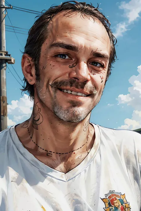 TrevorGTA, tattoos, facial hair, wearing a white tshirt, looking at viewer, serious, smiling, close up portrait, 
outside, blue sky, extreme detail, hdr, beautiful quality, <lora:TrevorGTA:.7>