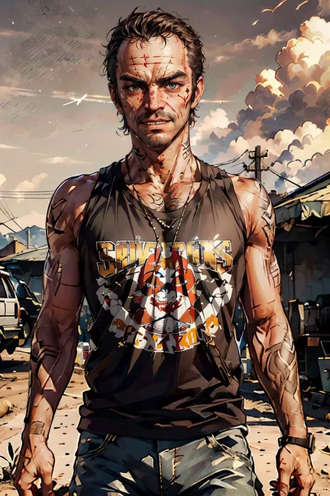 TrevorGTA, dark eyes, wearing a tanktop, tattoos,neck tattoo, facial hair, looking at viewer, serious, evil grin, 
standing, outside, trailer park, dusty, los angeles, brown sky, extreme detail, masterpiece, beautiful quality,  <lora:TrevorGTA:.7>