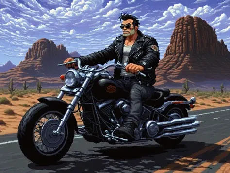 lucasarts style, 2d pixel art of a man with large jaw riding a motorcycle hog harley, low cinematic angle, extended forks, five o'clock shadow, black leather jacket, sunglasses, desert road, cloudy dark sky background, flat shading <lora:lucasarts style:1.4>