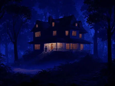 lucasarts style, scene from stranger things, a house in the forest, night, lights, shadow, fog, tree <lora:lucasarts style:1.2>