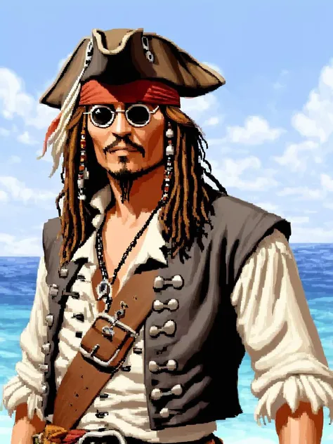 <lora:lucasarts style:1.5> lucasarts style, torso, upper body, captain jack sparrow, johnny depp, flat shading