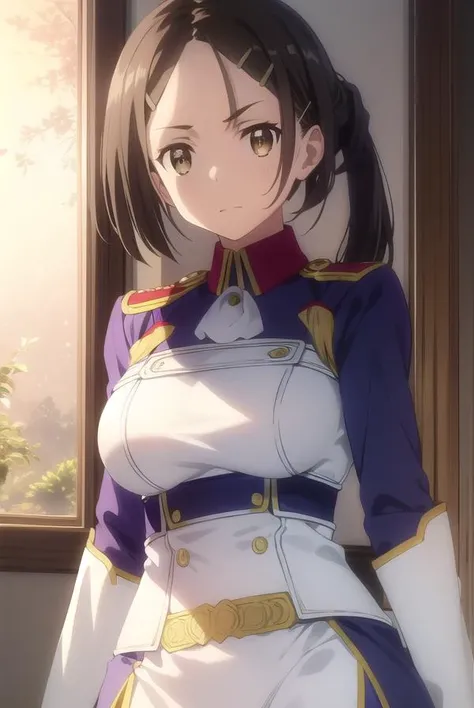 izettabianca, <lora:izetta bianca s1-lora-nochekaiser:1>,
bianca, black hair, hair ornament, (brown eyes:1.5), hairclip, ponytail,
BREAK pants, uniform, military, military uniform,
BREAK indoors, office,
BREAK looking at viewer, dynamic pose,
BREAK <lyco:GoodHands-beta2:1>, (masterpiece:1.2), best quality, high resolution, unity 8k wallpaper, (illustration:0.8), (beautiful detailed eyes:1.6), extremely detailed face, perfect lighting, extremely detailed CG, (perfect hands, perfect anatomy),