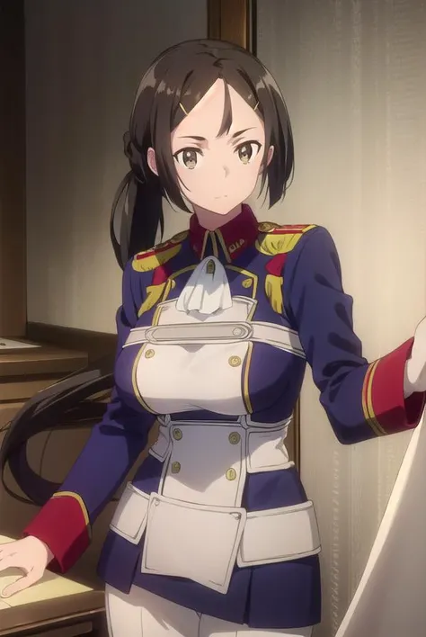 izettabianca, <lora:izetta bianca s1-lora-nochekaiser:1>,
bianca, black hair, hair ornament, (brown eyes:1.5), hairclip, ponytail,
BREAK pants, uniform, military, military uniform,
BREAK indoors, office,
BREAK looking at viewer, dynamic pose,
BREAK <lyco:GoodHands-beta2:1>, (masterpiece:1.2), best quality, high resolution, unity 8k wallpaper, (illustration:0.8), (beautiful detailed eyes:1.6), extremely detailed face, perfect lighting, extremely detailed CG, (perfect hands, perfect anatomy),