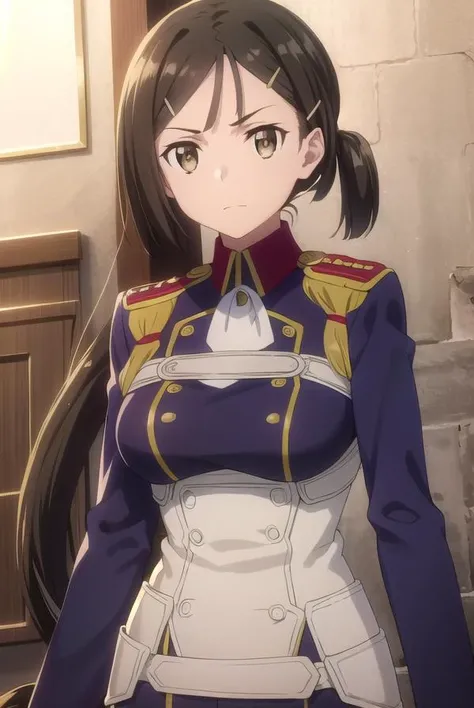 izettabianca, <lora:izetta bianca s1-lora-nochekaiser:1>,
bianca, black hair, hair ornament, (brown eyes:1.5), hairclip, ponytail,
BREAK pants, uniform, military, military uniform,
BREAK indoors, office,
BREAK looking at viewer, dynamic pose,
BREAK <lyco:GoodHands-beta2:1>, (masterpiece:1.2), best quality, high resolution, unity 8k wallpaper, (illustration:0.8), (beautiful detailed eyes:1.6), extremely detailed face, perfect lighting, extremely detailed CG, (perfect hands, perfect anatomy),