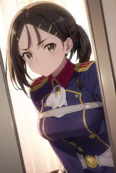 izettabianca, <lora:izetta bianca s1-lora-nochekaiser:1>,
bianca, black hair, hair ornament, (brown eyes:1.5), hairclip, ponytail,
BREAK pants, uniform, military, military uniform,
BREAK indoors, office,
BREAK looking at viewer, dynamic pose,
BREAK <lyco:GoodHands-beta2:1>, (masterpiece:1.2), best quality, high resolution, unity 8k wallpaper, (illustration:0.8), (beautiful detailed eyes:1.6), extremely detailed face, perfect lighting, extremely detailed CG, (perfect hands, perfect anatomy),