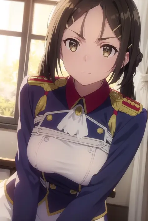 izettabianca, <lora:izetta bianca s1-lora-nochekaiser:1>,
bianca, black hair, hair ornament, (brown eyes:1.5), hairclip, ponytail,
BREAK pants, uniform, military, military uniform,
BREAK indoors, office,
BREAK looking at viewer, dynamic pose,
BREAK <lyco:GoodHands-beta2:1>, (masterpiece:1.2), best quality, high resolution, unity 8k wallpaper, (illustration:0.8), (beautiful detailed eyes:1.6), extremely detailed face, perfect lighting, extremely detailed CG, (perfect hands, perfect anatomy),
