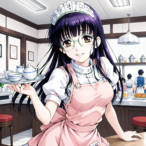 <lora:SUTomoXLpony001>,
smile,parted lips,
solo,
SUTomo,1girl,black hair,purple hair,long hair,bangs,brown eyes,eyewear,
waitress headdress,
waitress,white shirt,turtleneck,pink dress,pink apron,