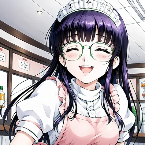 <lora:SUTomoXLpony001>,
smile,open mouth,closed eyes,
solo,
SUTomo,1girl,black hair,purple hair,long hair,bangs,brown eyes,eyewear,
waitress headdress,
waitress,white shirt,turtleneck,pink dress,pink apron,