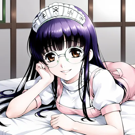 <lora:SUTomoXLpony001>,
smile,parted lips,
solo,
SUTomo,1girl,black hair,purple hair,long hair,bangs,brown eyes,eyewear,
waitress headdress,
waitress,white shirt,turtleneck,pink dress,pink apron,
pencil_skirt,
on stomach,the_pose,